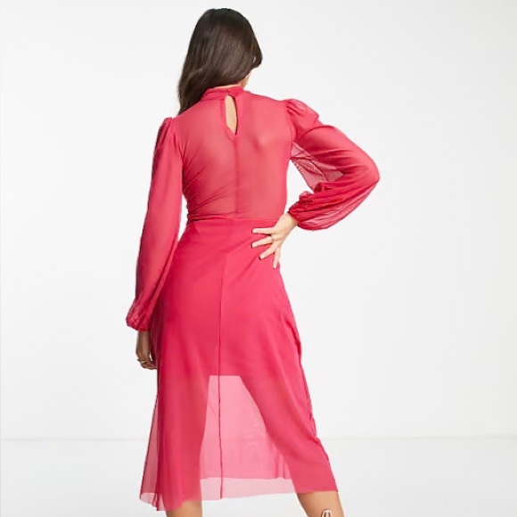 💄💋 Lipstick Pink Retro Midi Dress, Sexy Sheer Sleeves and Back, Size 6, ASOS - Picture 7 of 9